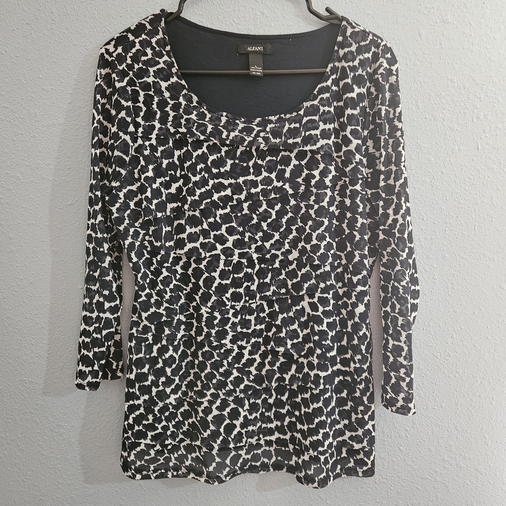 Alfani Black and White Animal Print Blouse, 3/4 Sleeve, Size Large